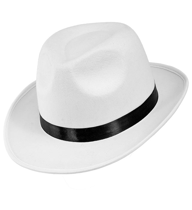 Weißer Fedora-Hut mit schwarzem Band, klassisches Design für Fasnacht und Kostüme