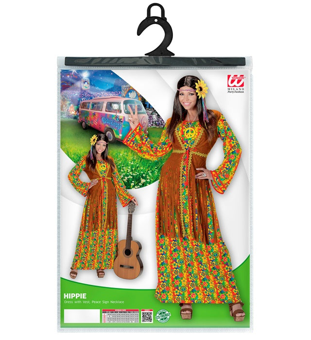 Hippie Damenkostüm mit Kleid, Weste und Peace-Kette in bunten Farben