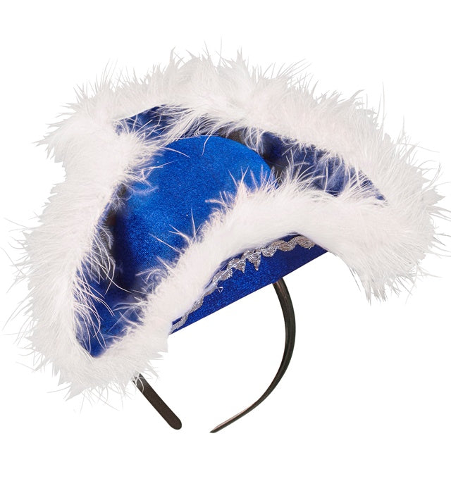 Blauer Mini-Dreispitz aus Filz mit weißen Marabou-Federn als Fasnacht Accessoire