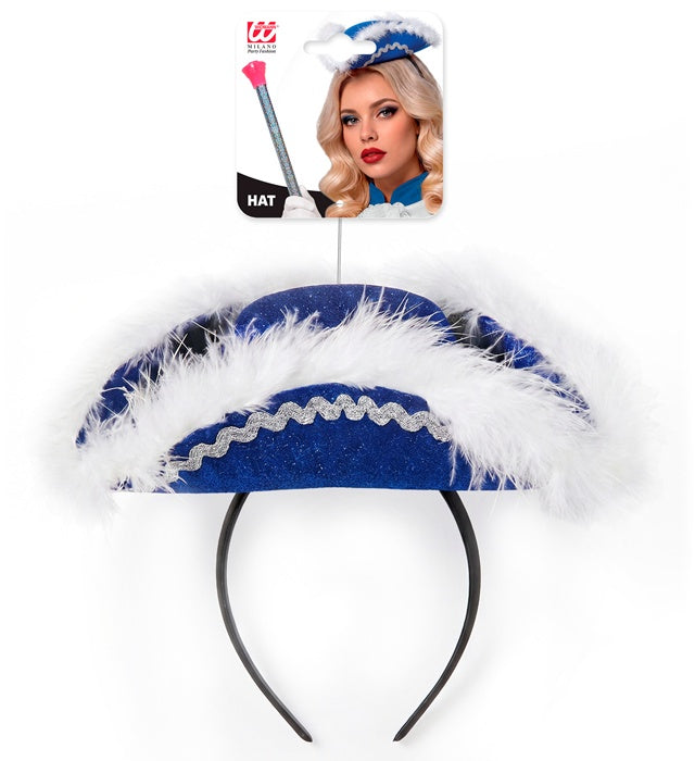 Blauer Mini-Dreispitz aus Filz mit weißen Marabou-Federn als Fasnacht Accessoire