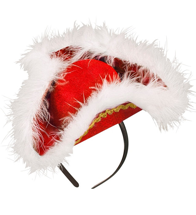 Roter Mini-Dreispitz aus Filz mit weißen Marabou-Federn