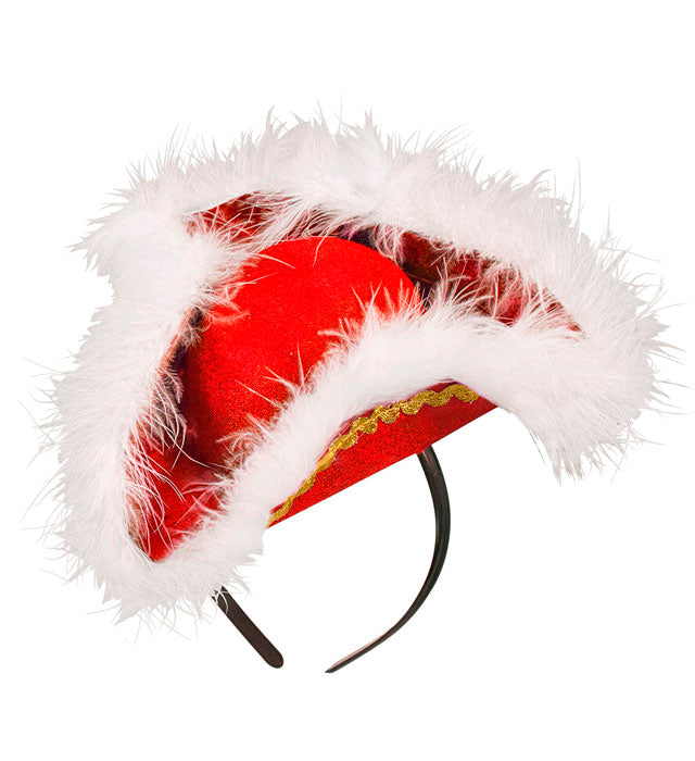 Roter Mini-Dreispitz aus Filz mit weißen Marabou-Federn