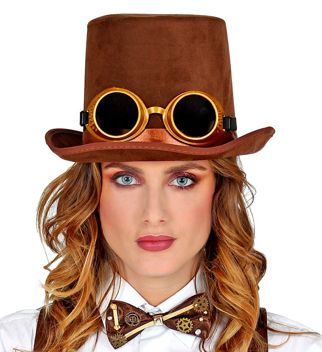Steampunk Zylinder mit Brille und Wollfilzoptik, 15 cm hoher Hut