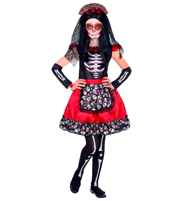 Día de los Muertos Kostüm Damen mit Kleid, Armstulpen und Haarreif mit Schleier