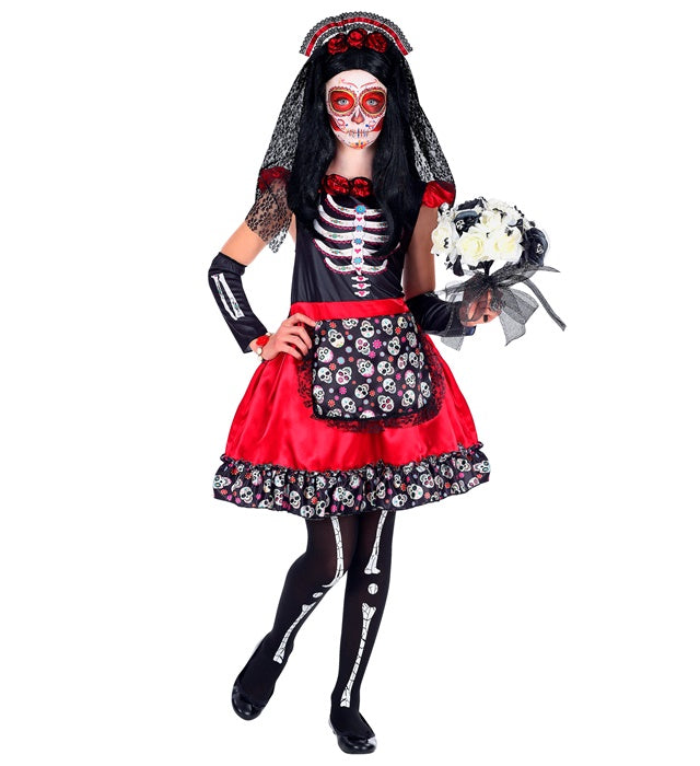 Día de los Muertos Kostüm Damen mit Kleid, Armstulpen und Haarreif mit Schleier