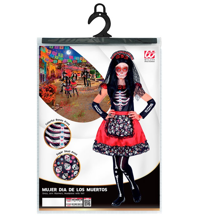 Día de los Muertos Kostüm Damen mit Kleid, Armstulpen und Haarreif mit Schleier