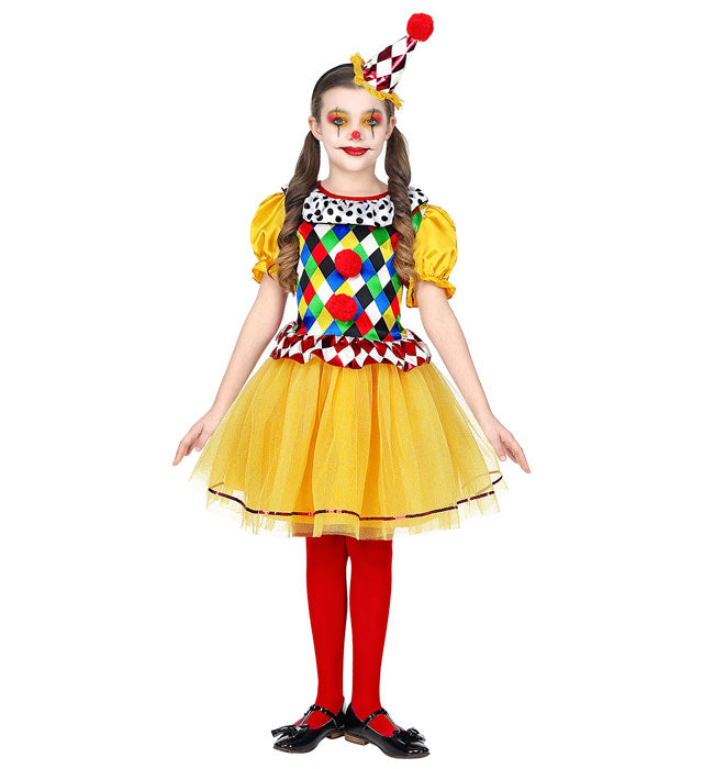 Clown-Kostüm aus Kleid mit Tutu und Minihut in bunten Farben