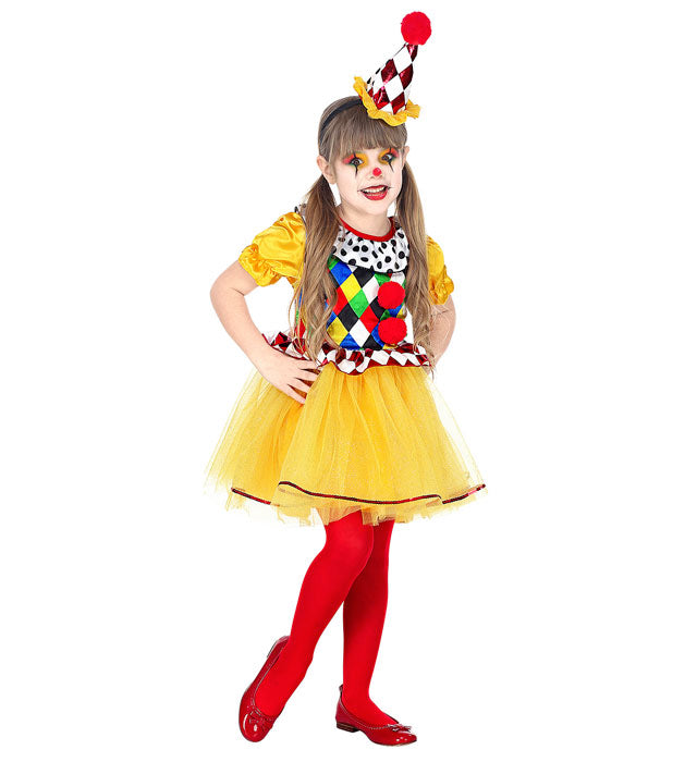 Clown-Kostüm aus Kleid mit Tutu und Minihut in bunten Farben