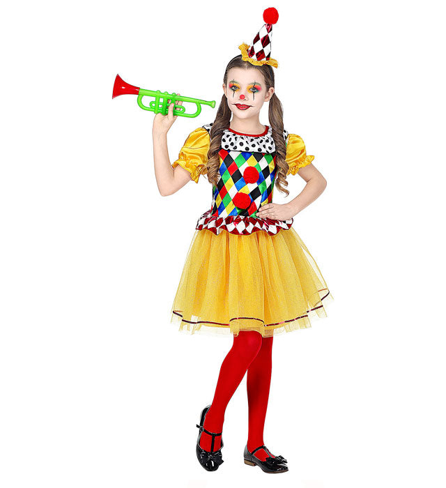 Clown-Kostüm aus Kleid mit Tutu und Minihut in bunten Farben
