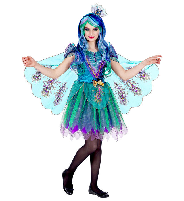 Pfauen-Kleid mit buntem Feder-Schleier und passendem Kopfschmuck für Fasnacht