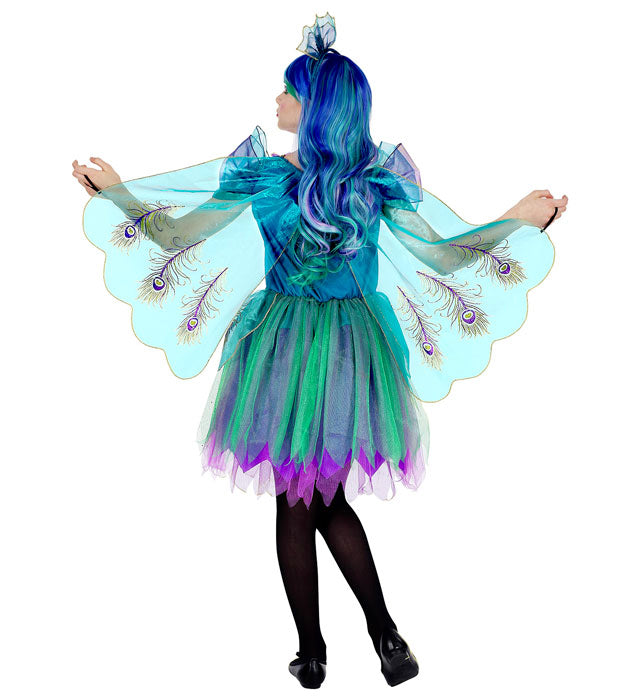 Pfauen-Kleid mit buntem Feder-Schleier und passendem Kopfschmuck für Fasnacht