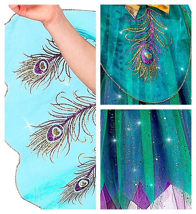 Pfauen-Kleid mit buntem Feder-Schleier und passendem Kopfschmuck für Fasnacht