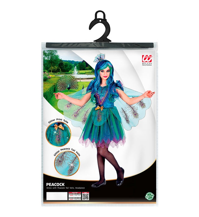 Pfauen-Kleid mit buntem Feder-Schleier und passendem Kopfschmuck für Fasnacht