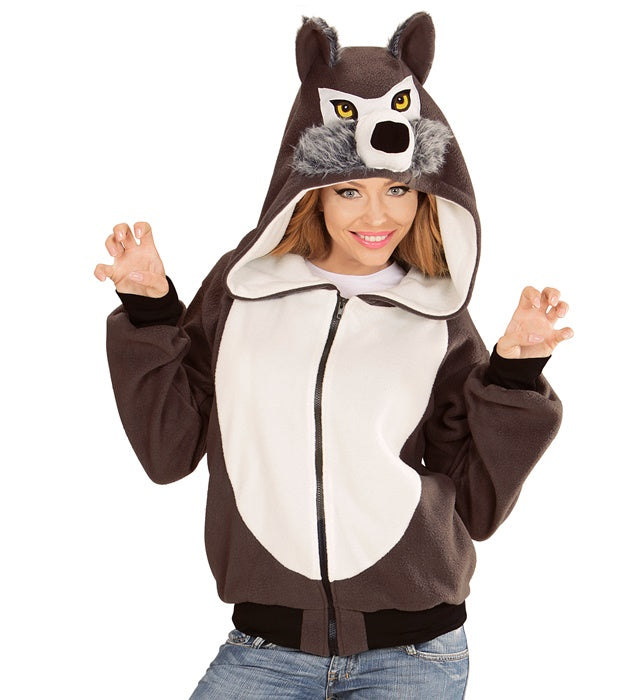 Fleecejacke mit Kapuze im Wolf-Design für Fasnachtskostüm