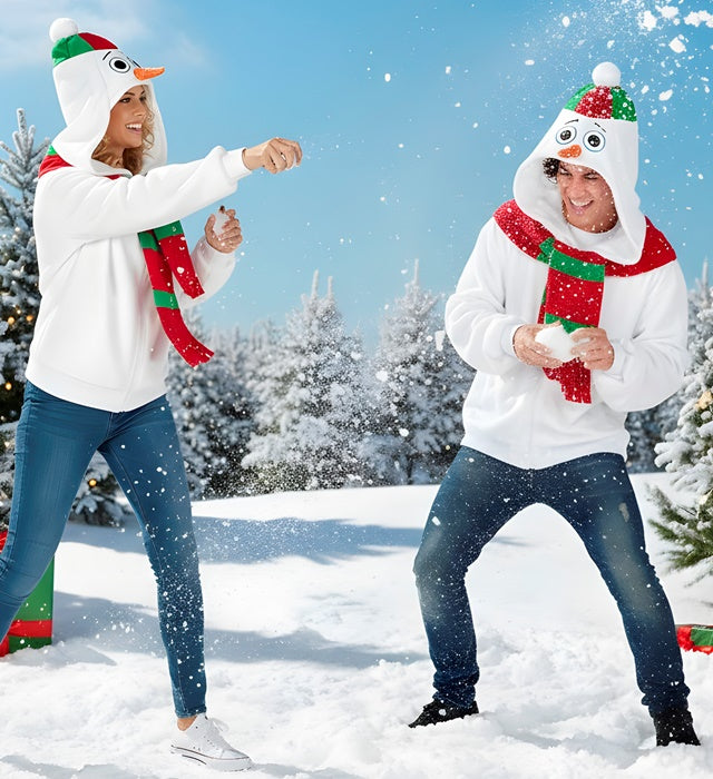 Schneemann Strickjacke mit Kapuze in weisser Winteroptik