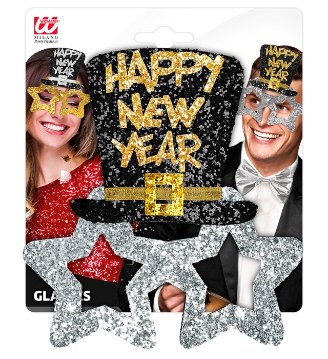 Silberne Brille mit Happy New Year Schriftzug als Party-Accessoire