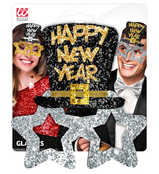Silberne Brille mit Happy New Year Schriftzug als Party-Accessoire