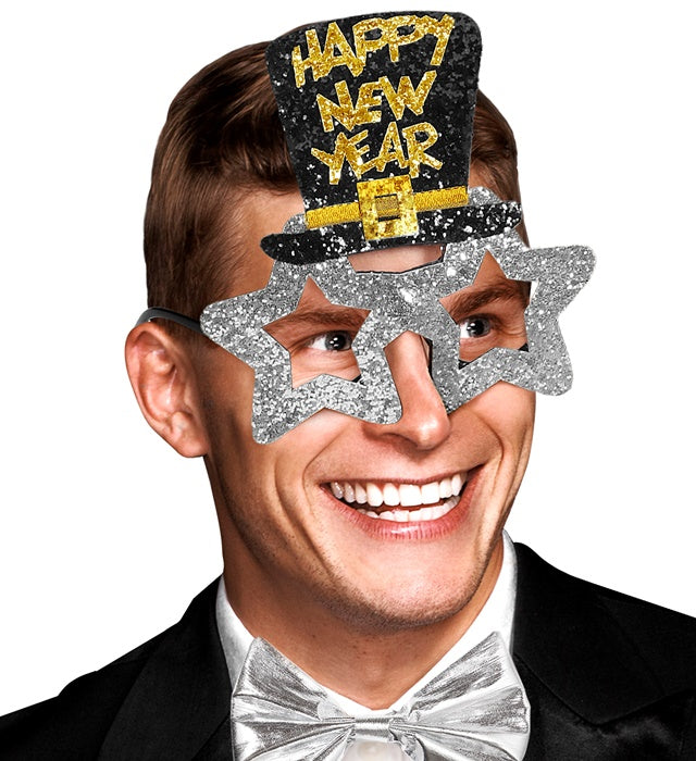 Silberne Brille mit Happy New Year Schriftzug als Party-Accessoire