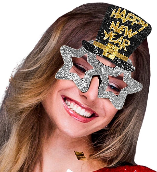 Silberne Brille mit Happy New Year Schriftzug als Party-Accessoire