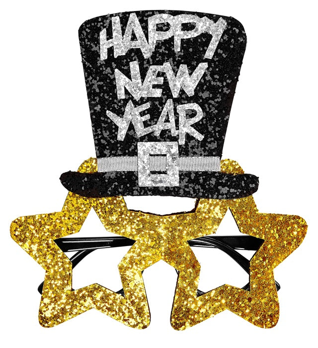 Goldene Brille mit Schriftzug Happy New Year als Fasnacht- und Silvester-Accessoire
