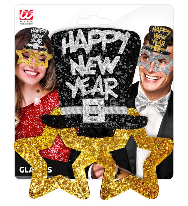 Goldene Brille mit Schriftzug Happy New Year als Fasnacht- und Silvester-Accessoire