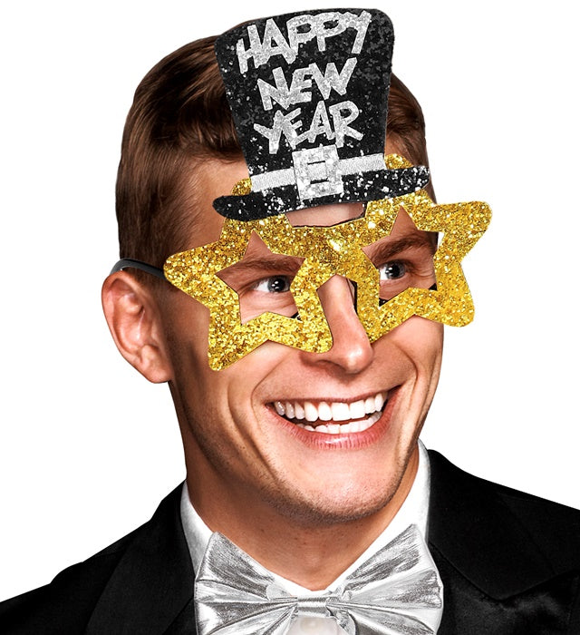 Goldene Brille mit Schriftzug Happy New Year als Fasnacht- und Silvester-Accessoire