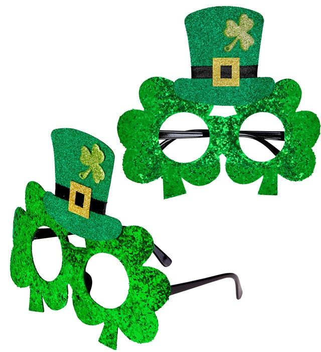 Grüne Kleeblattbrille mit kleinem Minizylinderhut für St. Patrick's Day