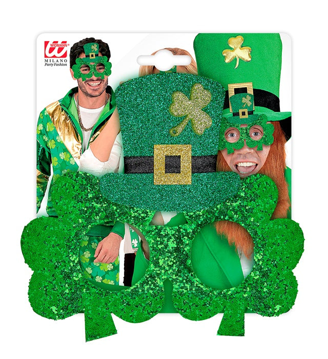 Grüne Kleeblattbrille mit kleinem Minizylinderhut für St. Patrick's Day