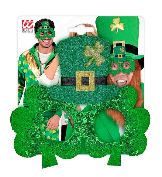 Grüne Kleeblattbrille mit kleinem Minizylinderhut für St. Patrick's Day