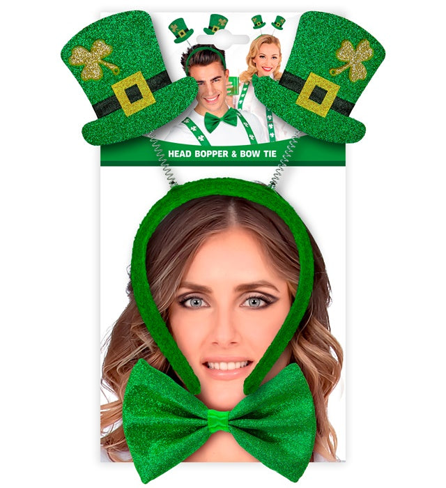 Haarreif mit grünem Minizylinder und schwarze Fliege für St. Patrick's Day