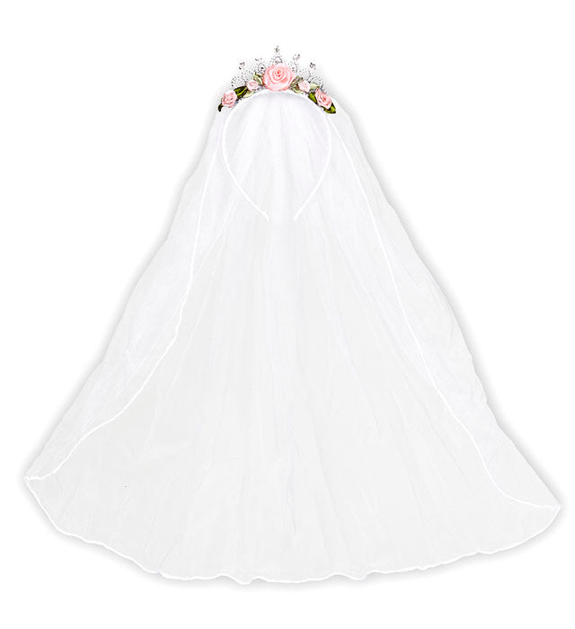 Brautschleier auf silberner Tiara mit Rosen und funkelnden Strasssteinen