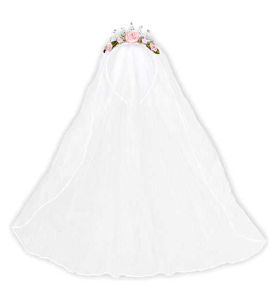 Brautschleier auf silberner Tiara mit Rosen und funkelnden Strasssteinen