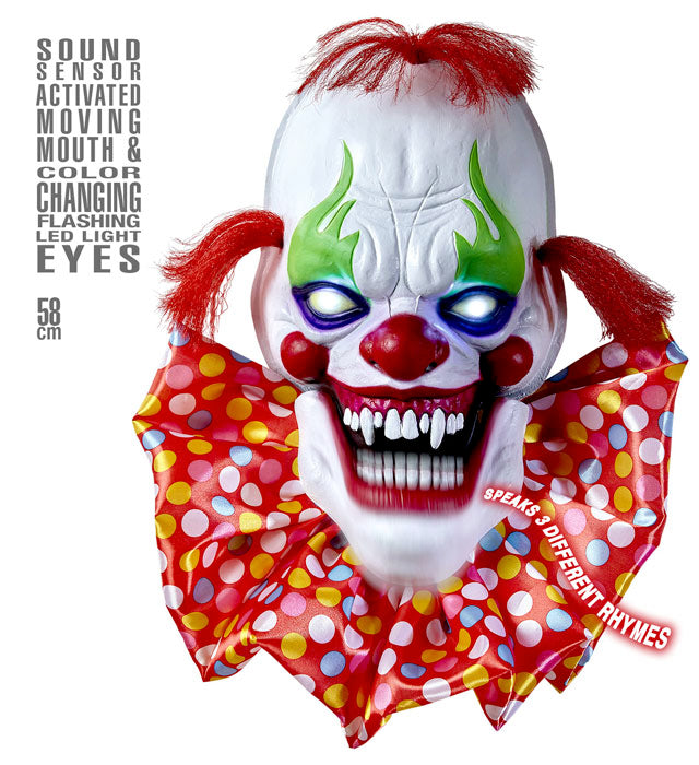 Sprechender Horrorclown mit blinkenden LED-Augen und beweglichem Mund, 58 cm
