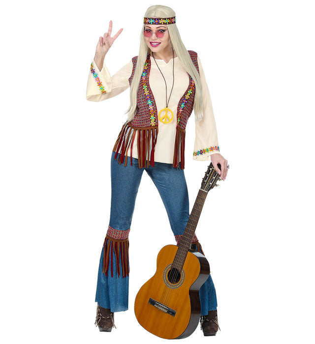 Hippie Kostüm Set mit Hemd, Weste, Hose, Stirnband und Kette in bunten Farben