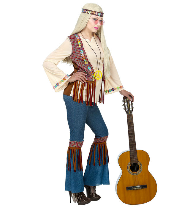 Hippie Kostüm Set mit Hemd, Weste, Hose, Stirnband und Kette in bunten Farben