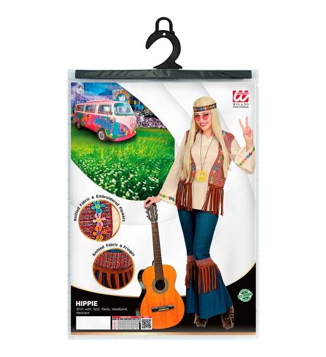 Hippie Kostüm Set mit Hemd, Weste, Hose, Stirnband und Kette in bunten Farben