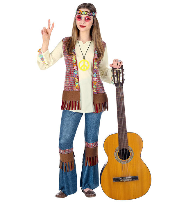 Buntes Hippie-Kostüm mit Hemd, Weste, Hose, Stirnband und Kette im 70er Jahre Stil