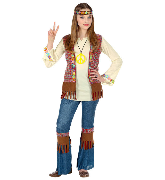 Buntes Hippie-Kostüm mit Hemd, Weste, Hose, Stirnband und Kette im 70er Jahre Stil