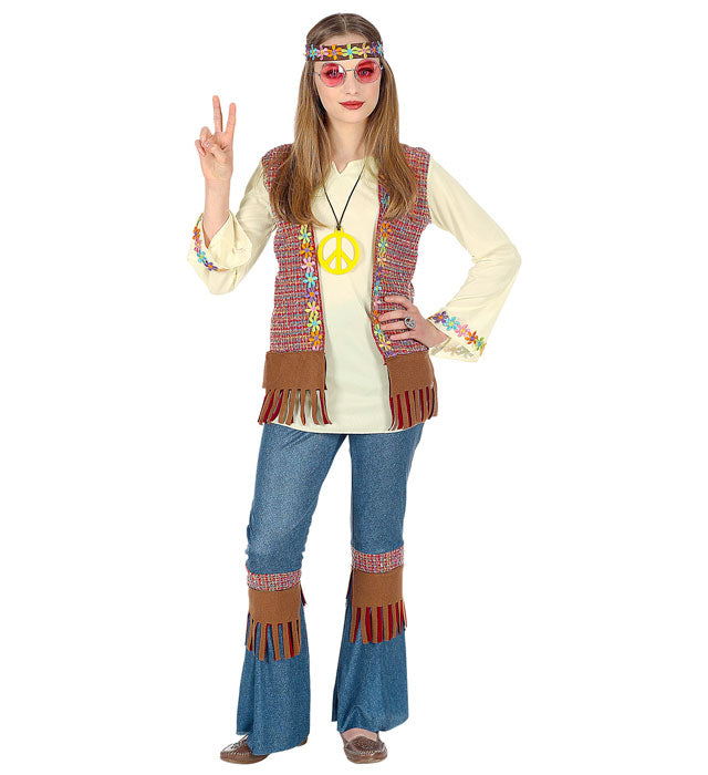 Buntes Hippie-Kostüm mit Hemd, Weste, Hose, Stirnband und Kette im 70er Jahre Stil