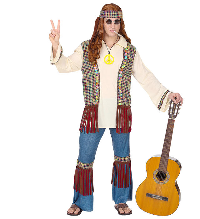 Hippie-Kostüm mit Hemd, Weste, Hose, Stirnband und Kette in bunten Farben