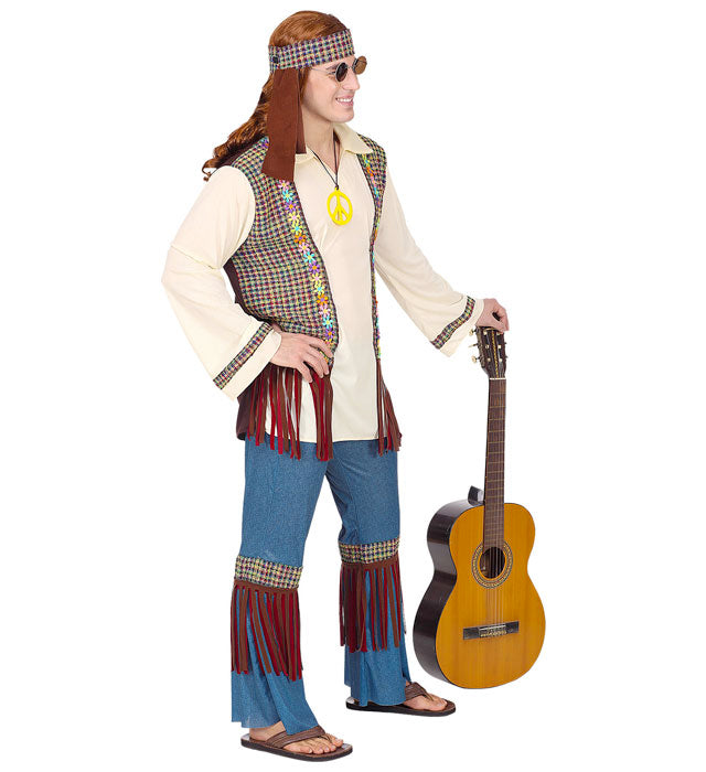Hippie-Kostüm mit Hemd, Weste, Hose, Stirnband und Kette in bunten Farben