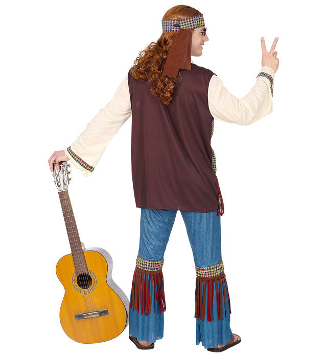 Hippie-Kostüm mit Hemd, Weste, Hose, Stirnband und Kette in bunten Farben
