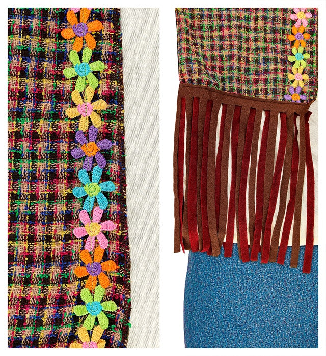 Hippie-Kostüm mit Hemd, Weste, Hose, Stirnband und Kette in bunten Farben