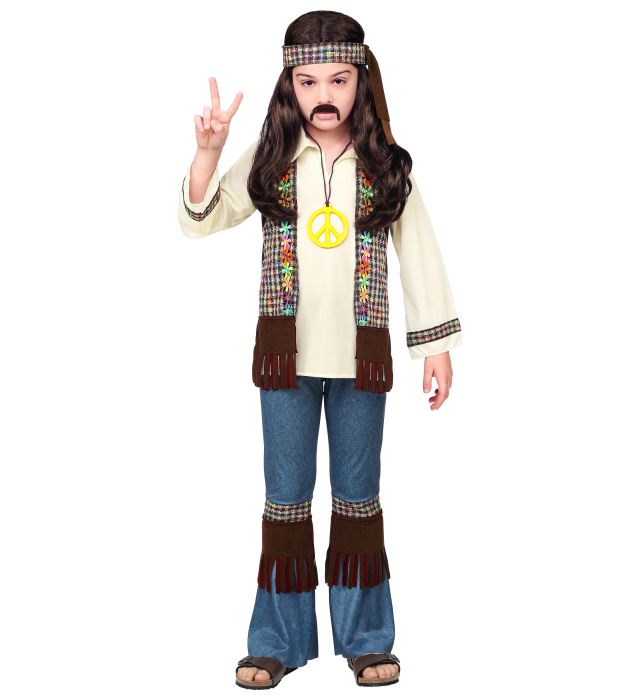 Buntes Hippie-Kostüm mit Hemd, Weste, Hose, Stirnband und Kette auf weissem Hintergrund