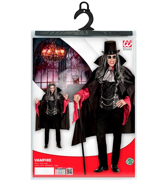 Vampir-Kostüm mit Hemd, Weste, Jabot und Umhang auf schwarzem Hintergrund