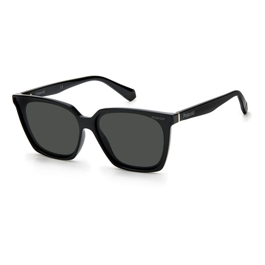 Schwarze Polaroid Damensonnenbrille mit grauen Gläsern und Kunststoffrahmen, elegant und modern