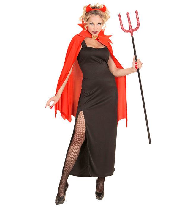 Teufelin Kostüm mit rotem Kleid, schwarzem Umhang und Hörnern