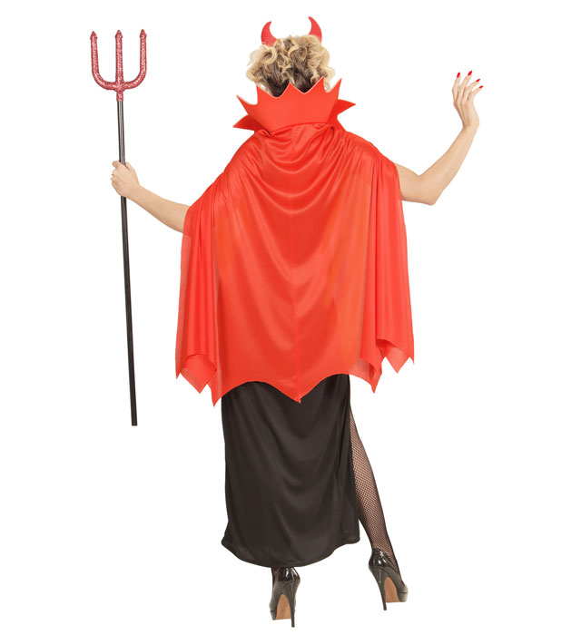 Teufelin Kostüm mit rotem Kleid, schwarzem Umhang und Hörnern
