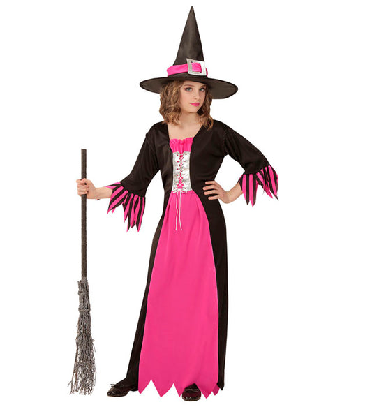 Hexen-Kostüm mit schwarzem Kleid und spitzem Hut für Fasnacht