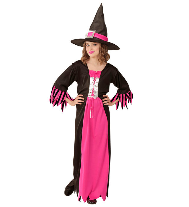 Hexen-Kostüm mit schwarzem Kleid und spitzem Hut für Fasnacht